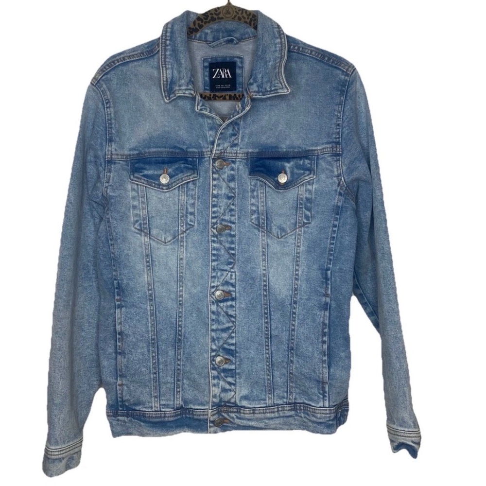 Zara Denim‎ Trucker Jacket Long Sleeve Pockets Light Blue Size Medium